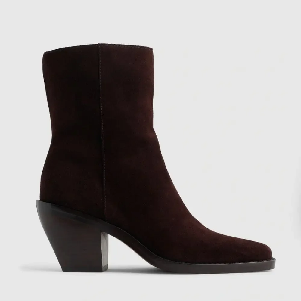 Madewell The Idris Coffee Bean Brown Suede Ankle Booties Side Zip Block Heel 9.5